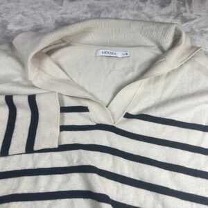 Mersea Women L/XL Ladies Sweater Cream Navy Blue Striped Polo Neck Oversized